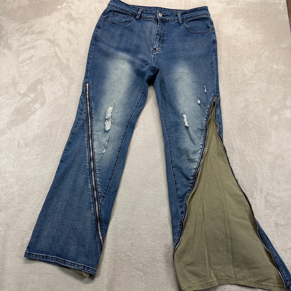 Cider Jeans Women's‎ Large Zip Flare Blue Distressed Olive Green Inset Y2K Denim
